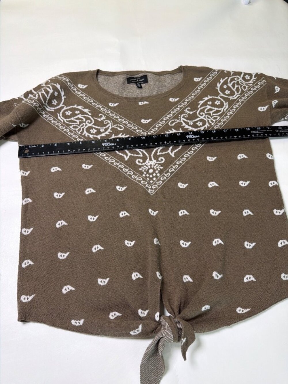 Lucky Brand Intarsia tie front sweater Bandana Olive Pullover Casual, Medium - Picture 4 of 7